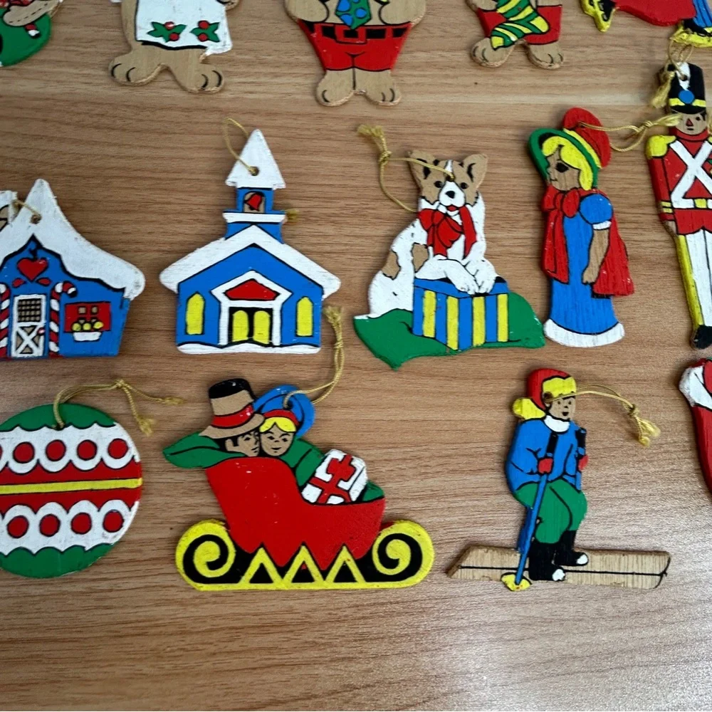 Lot Of 26 Vintage Wooden Christmas Ornaments Hand Painted Double Sided